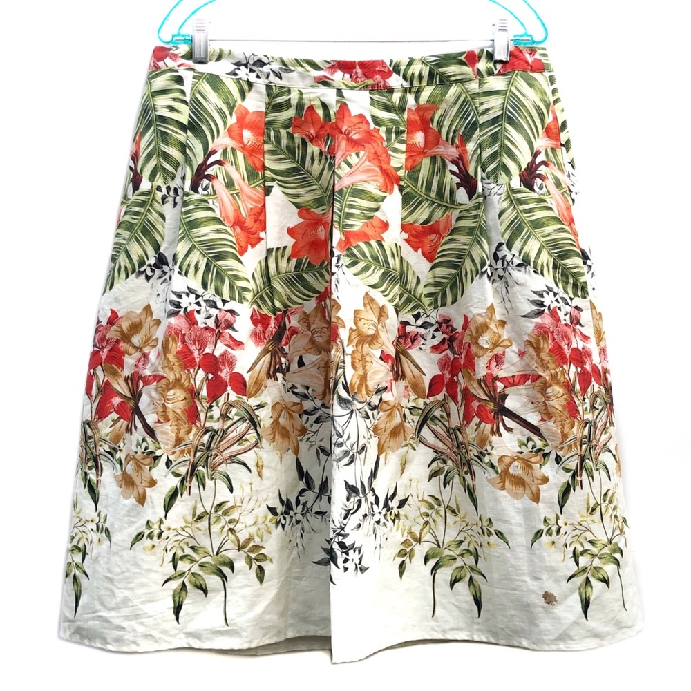 Talbots Skirt Floral Pleated Knee Length Linen Summer Lined Colorful EUC 14P
